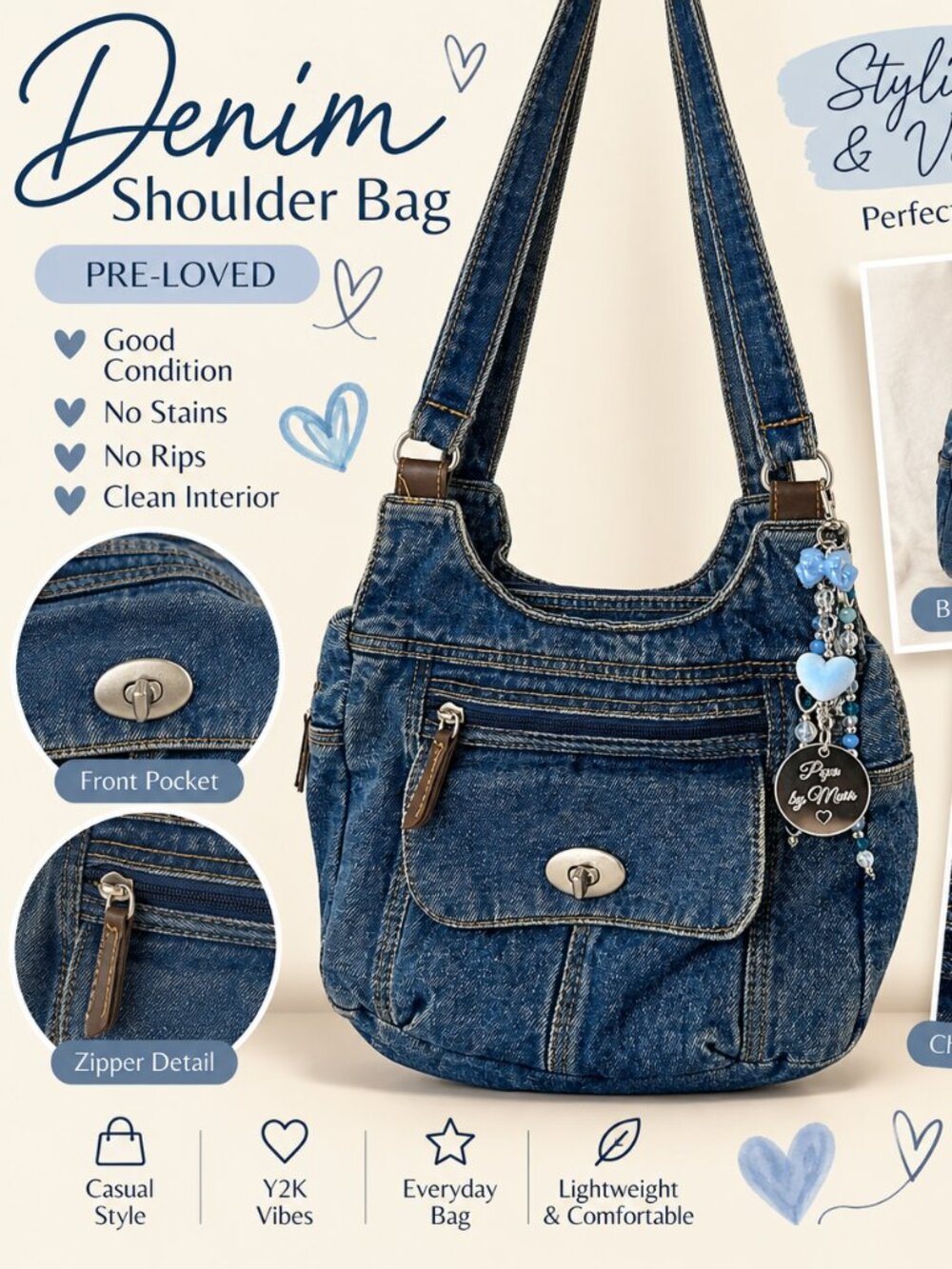 Denim Shoulder Bag Pre-Loved Blue Jean Purse + Handmade Charm